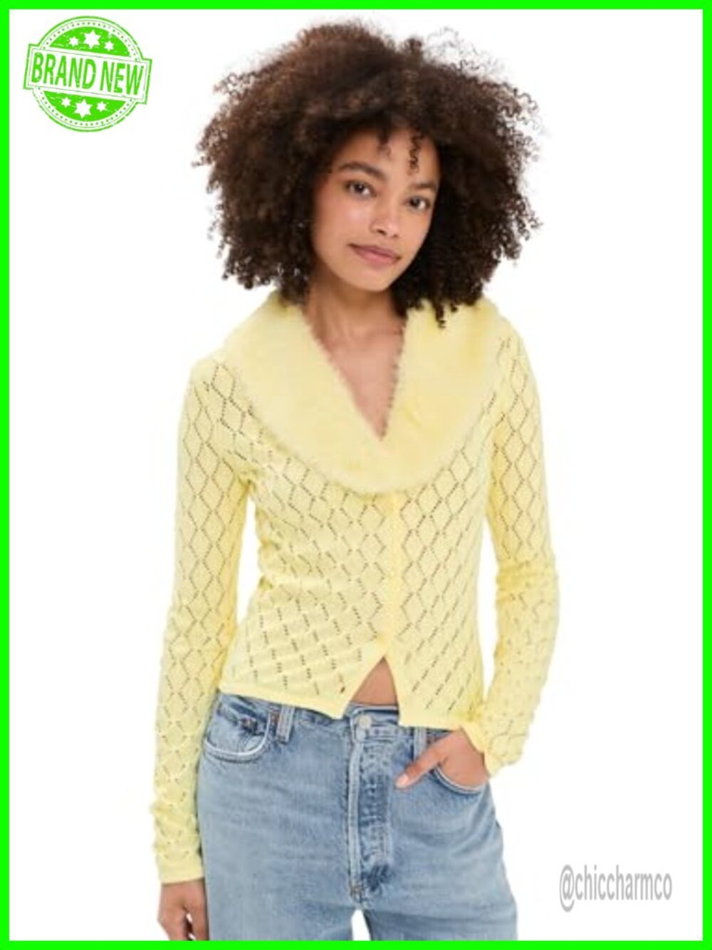 Lightweight Pointelle Knit Cardigan with Detachable Faux Fur Collar